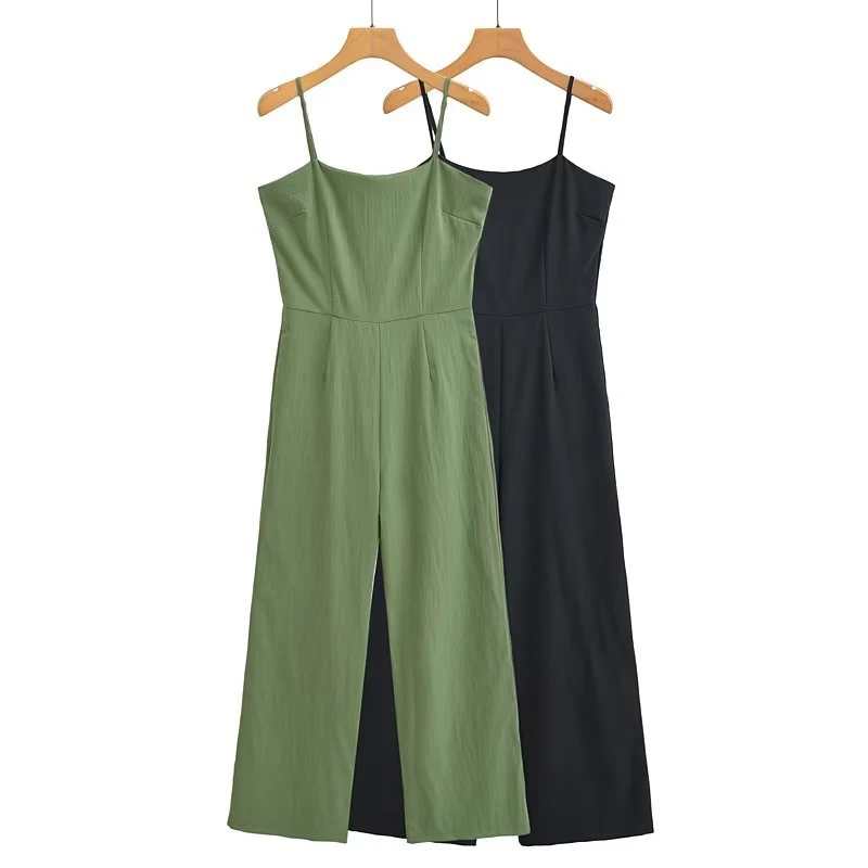 

YENKYE 2023 Women Vintage Green High Waist Sling Long Jumpsuit Sexy Sleeveless Ladies Summer Overalls