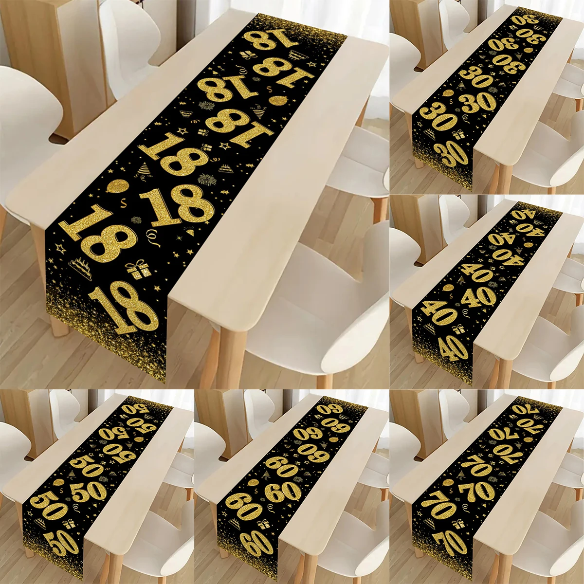 18 30 40 50 Year Old Black Gold Table Runner Happy Birthday Party Decoration Adult 30th 40th 50th 60t Birthday Tablecloth Banner