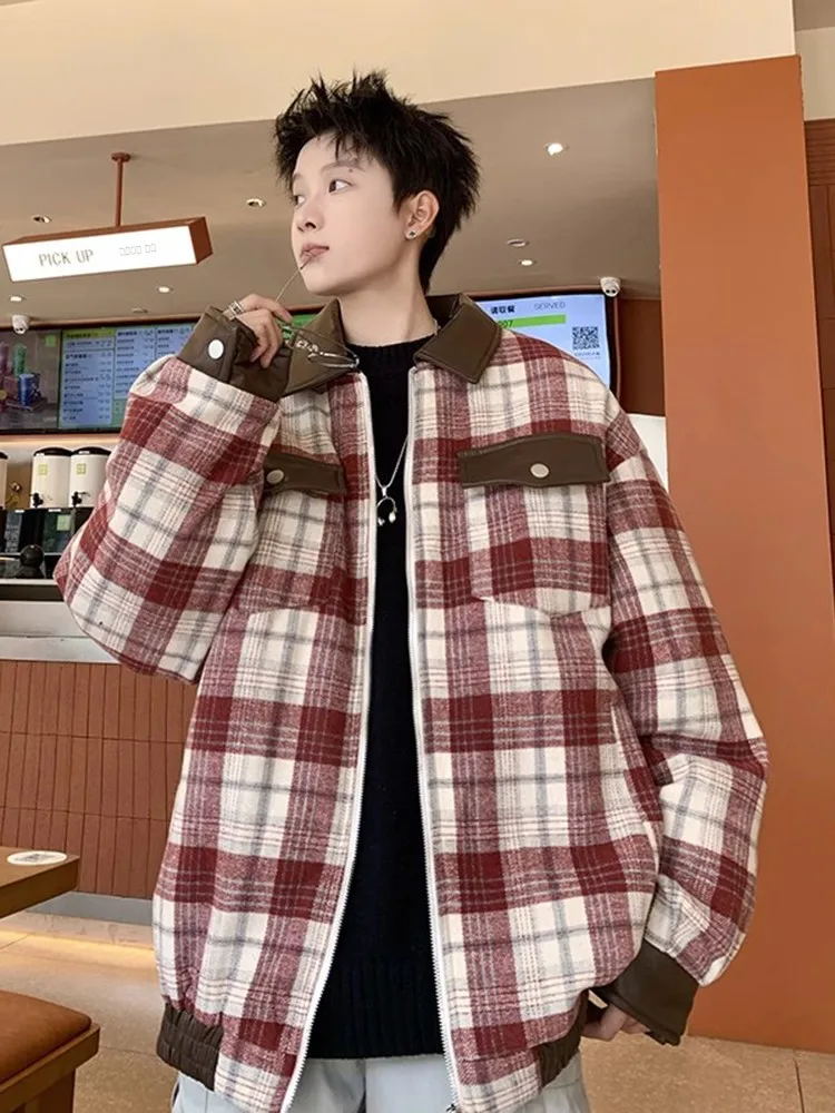 

Preppy Plaid Cotton Jaet for Men Winter Youth Faion Collar Turn-down Retro Workwear Thiened Warm Zipper Closure Coat