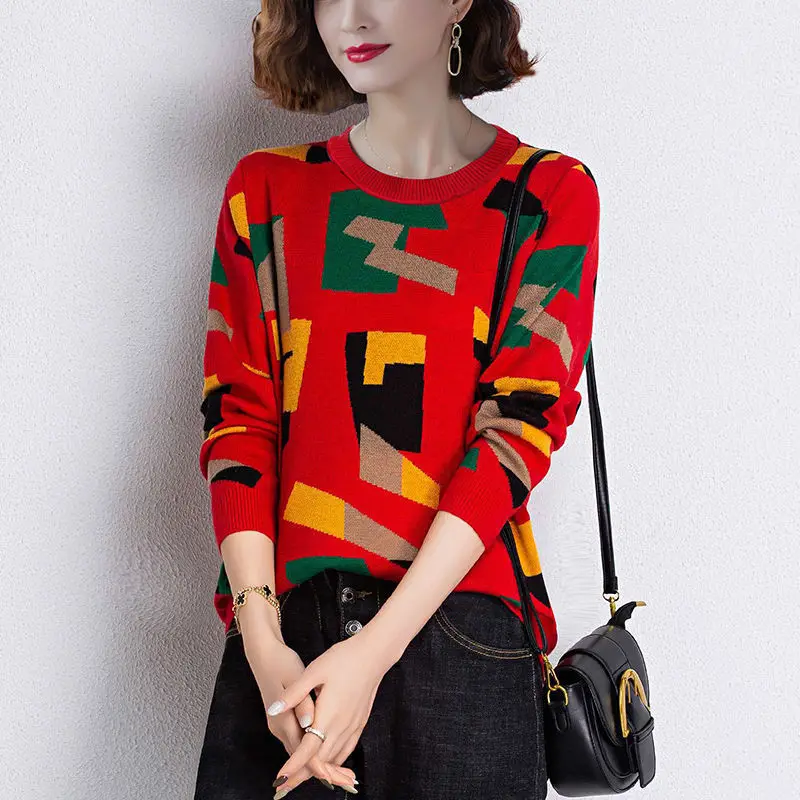 Commute Geometric Spliced Knitted Jumpers Female Clothing Vintage Screw Thread Autumn Winter Casual Half High Collar Sweaters