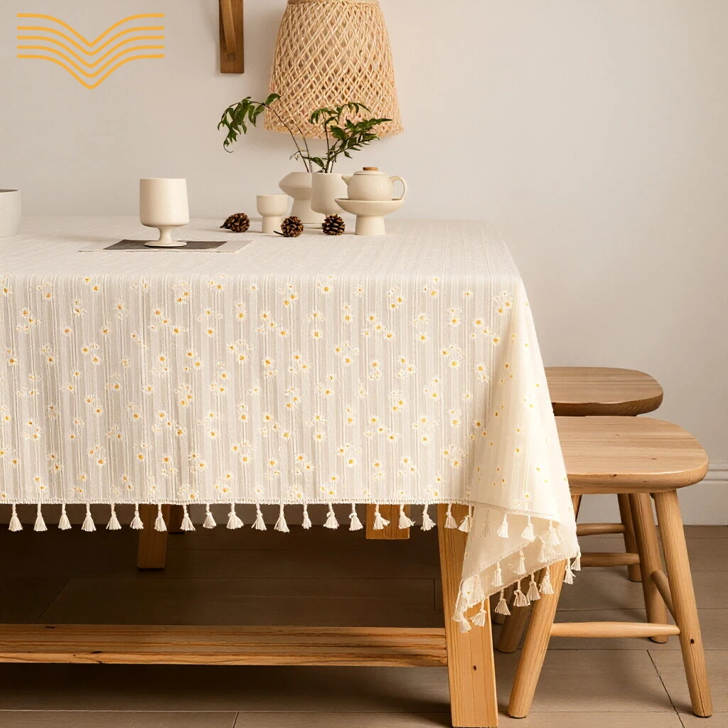Fresh Floral Embossed Tassel Tablecloth Minimalist Rectangle Table Cover Desk Mat For Dining Table Coffee Tea Table Home Decor