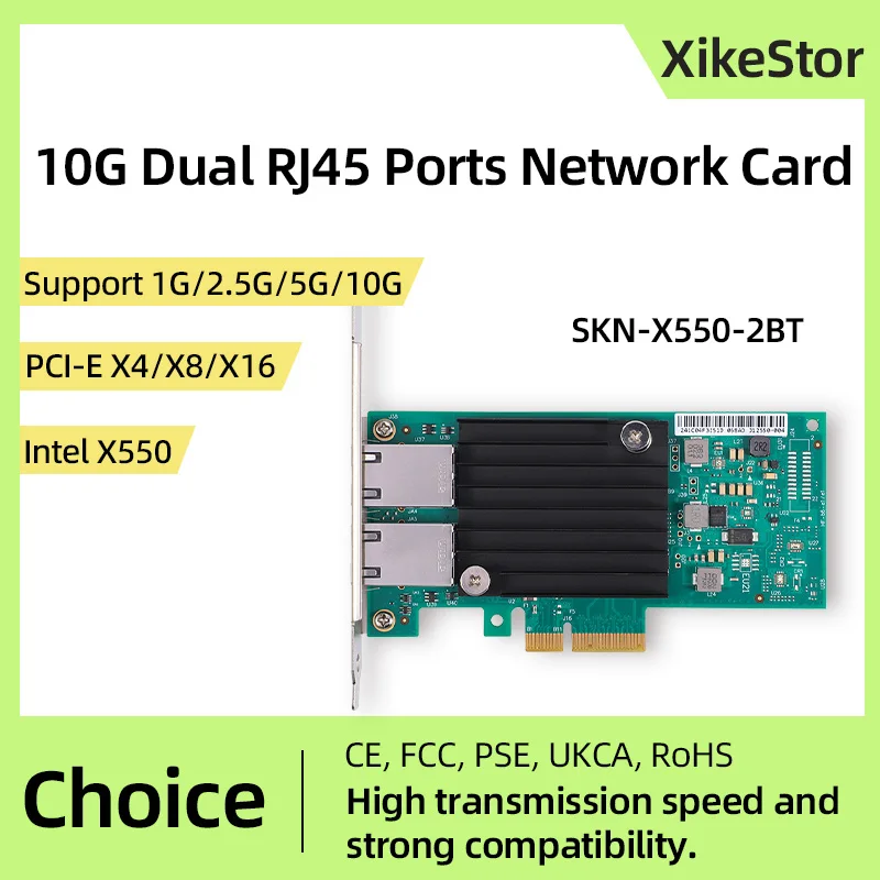 

Сетевая карта XikeStor PCIE 10G с двумя портами RJ45 Чип X550-T2 PCIe v3.0 PCI-Ex4/совместимый X8 X16