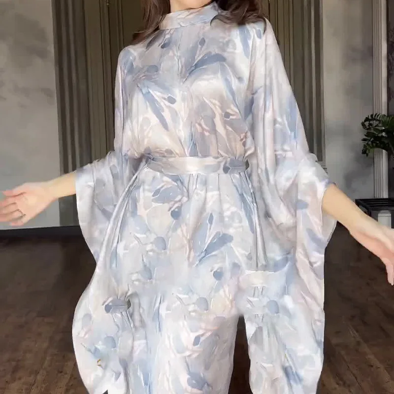 แฟชั่นเอวสูงพิมพ์ชุด Maxi สําหรับผู้หญิงแขนยาว Gowns 2 ชิ้นชุดมุสลิม Casual หลวมดอกไม้ Abayas