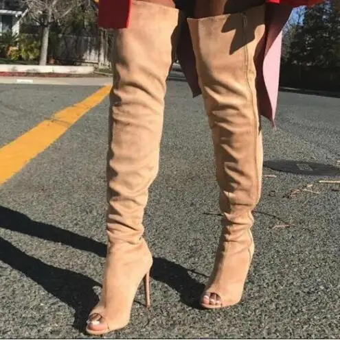 Light Khaki Suede Peep Toe Zipper High Heel Over The Knee Boots Women Fashion Slim Over The Knee Long Boots Shoes Drop Shipping