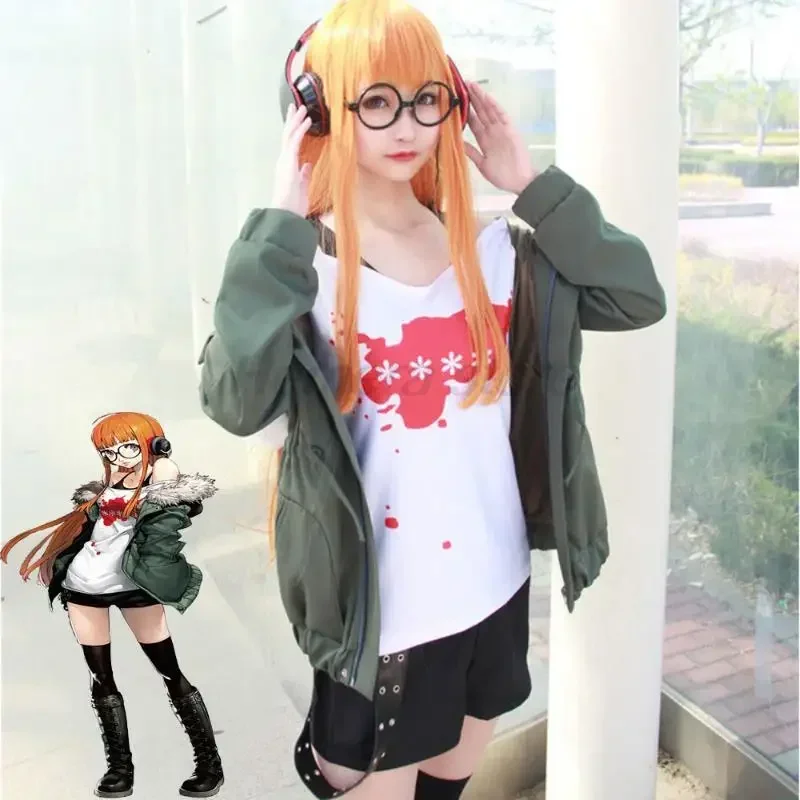 Game goddess persona 5 Futaba Sakura cosplay costume WOMEN'S jacket suspender shirt genius hacker casual uniform wig P5S cmm2001