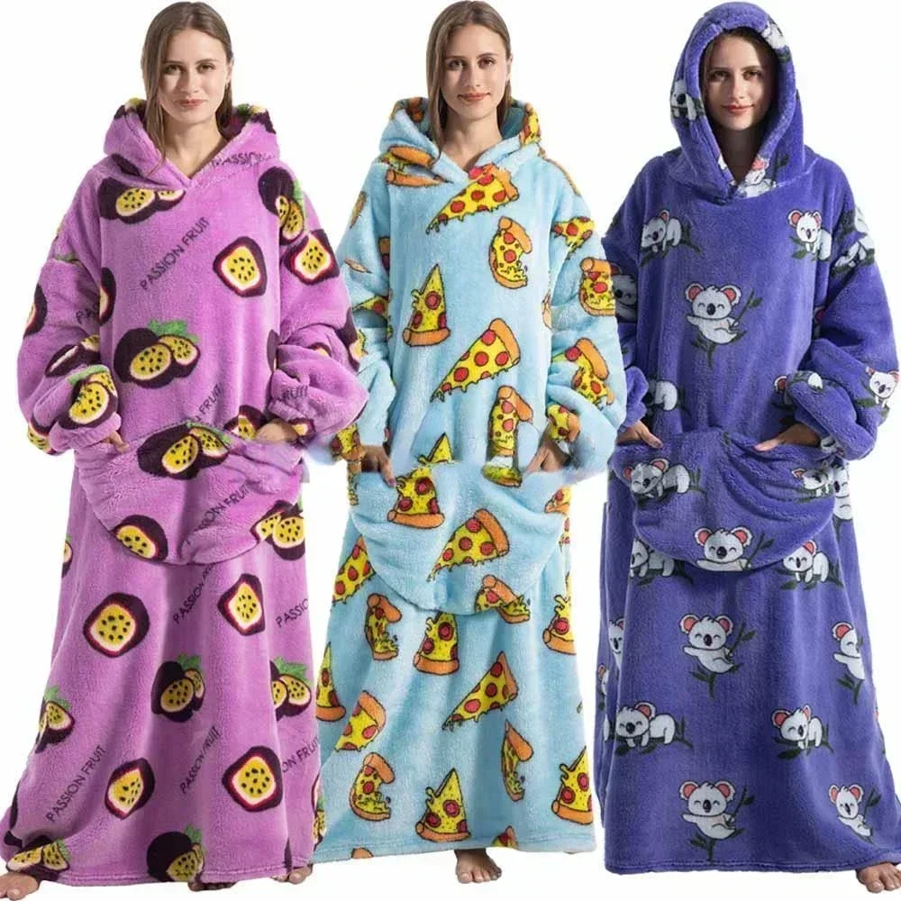 Super Long Oversized Winter Sherpa Blanket Plush Flannel Warm Family Matching Hoodie Christmas Homewear Avocado Women Sweatshirt