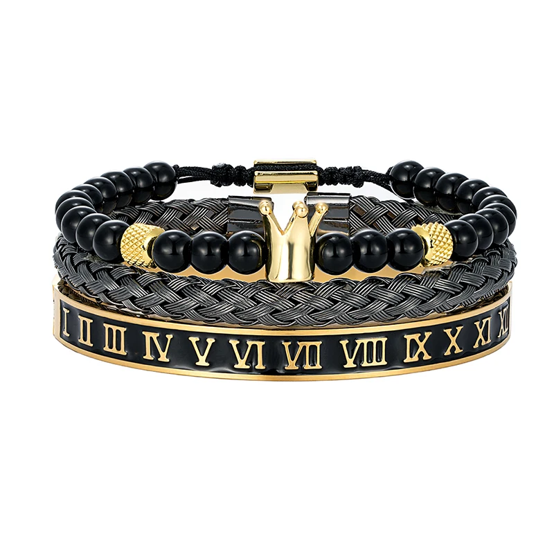 3Pcs Men's Crown Bracelet Set, Roman Numerals Stainless Steel Bangle, Braided Leather Adjustable Bracelets, Hip Hop Jewelry Gift