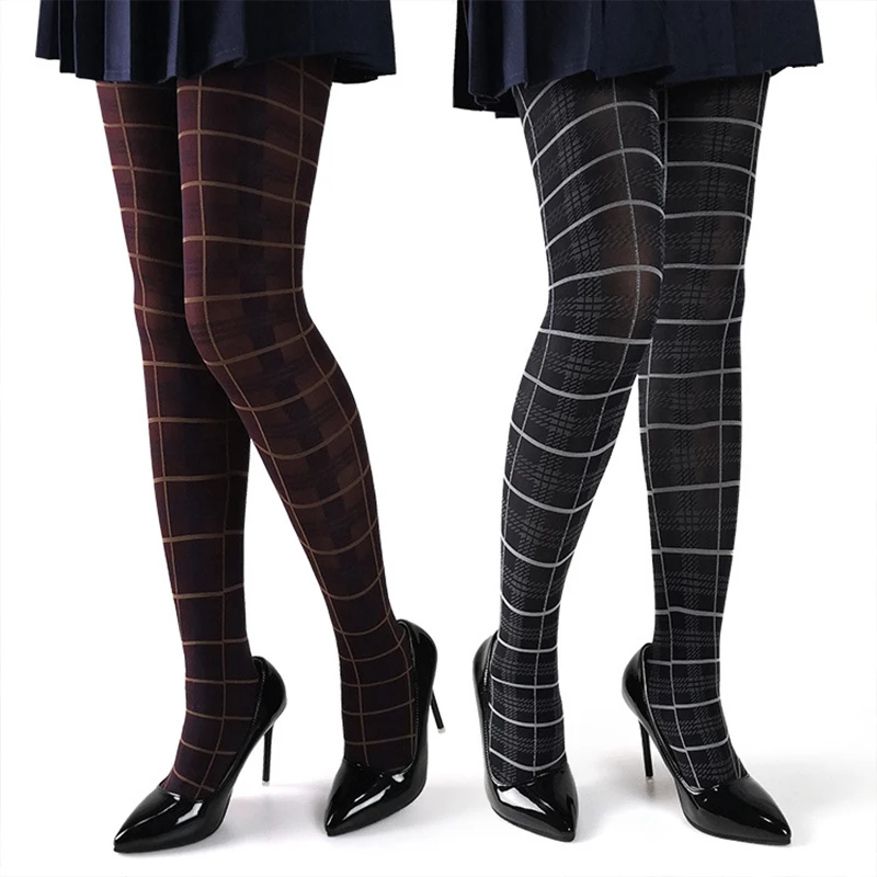 Collants Jacquard à carreaux de Style britannique Vintage pour femmes, Leggings fins et confortables en velours, bonneterie Lolita élégante en Nylon chaud