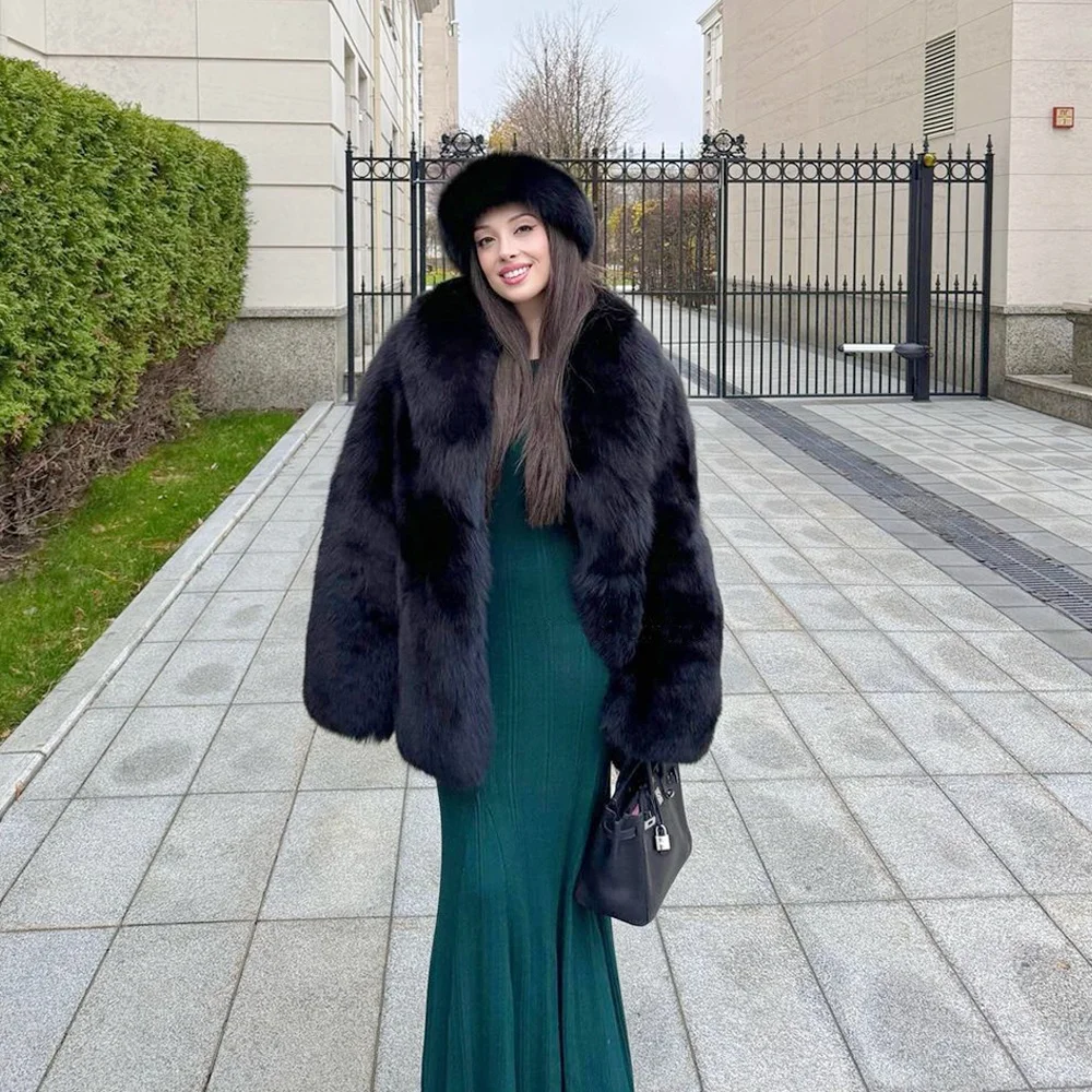 Luxury Black Full Pelt Genuine Fox Fur Coats Women Elegant Natural Fox Fur Mid-Length Thick Overcoats Warm Real Fur Outwear