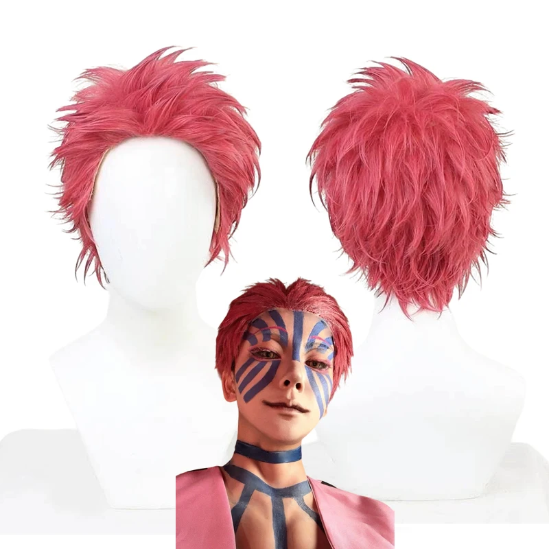 Anime demônio kimetsu no yaiba infinito castelo akaza peruca cosplay hakuji rosa cabelo curto resistente ao calor peruca sintética dia das bruxas