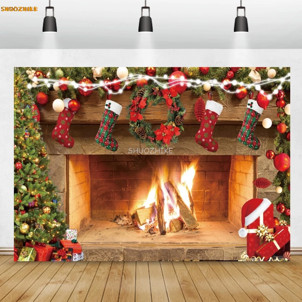 

Photo Backgrounds For Photo Winter Fireplace Christmas Star Sock Tree New Year Party Child Family Shoot Photocall Photo Backdrop