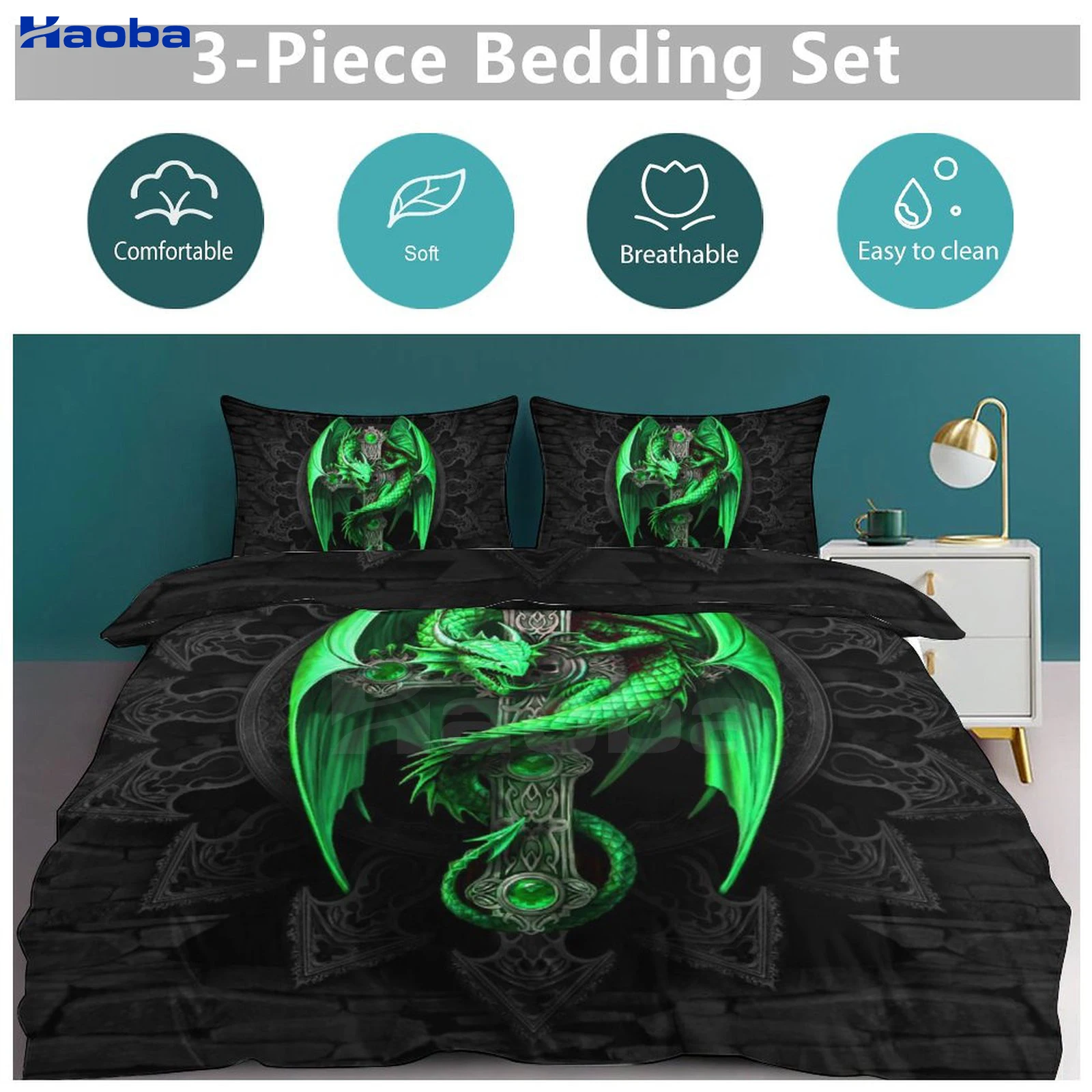 Green Dragon With Cross Print Three Piece Bedding Set Children or Adults for Beds Quilt Covers Birthday Gifts for Women Men