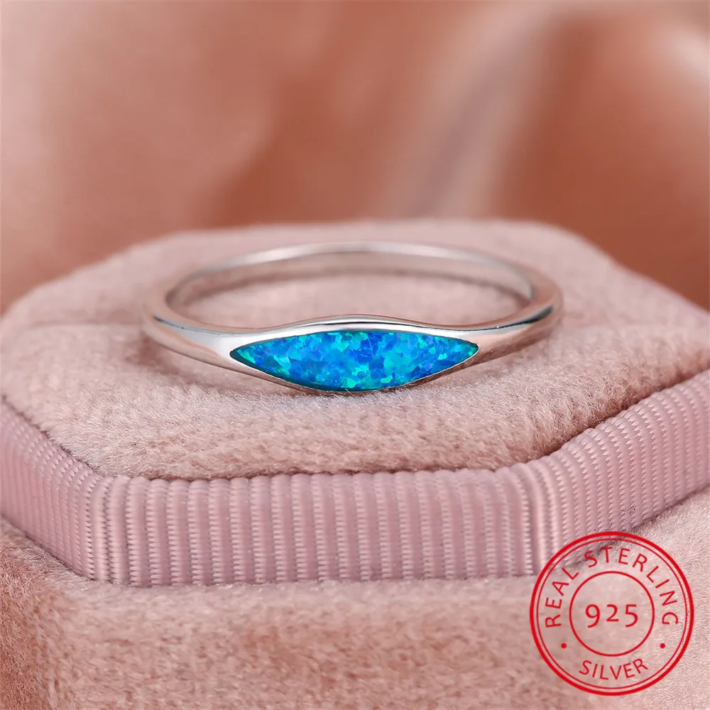 Real 925 Sterling Silver Engagement Ring Blue Fire Opal Stone Rings For Women Wedding Band Jewelry Valentine\'s Day Gift