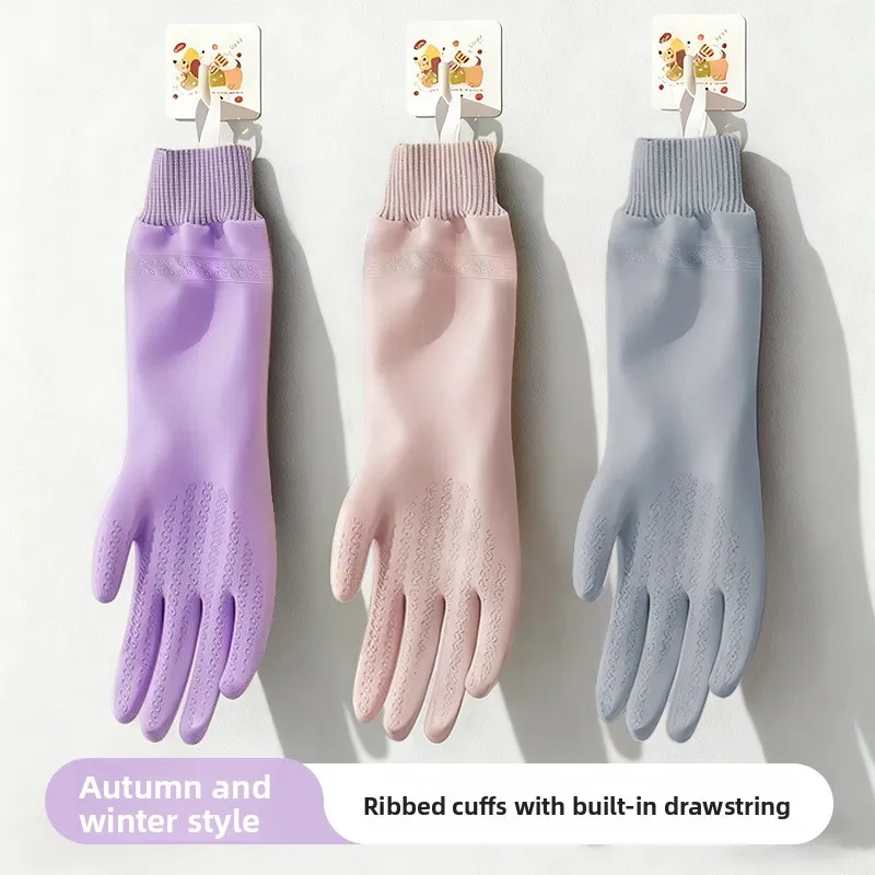 Fleece-Lined Screw Top Household Gloves Kitchen Dishwashing Durable Autumn Winter Thickened Rubber Leather Laundry Cooking Clean