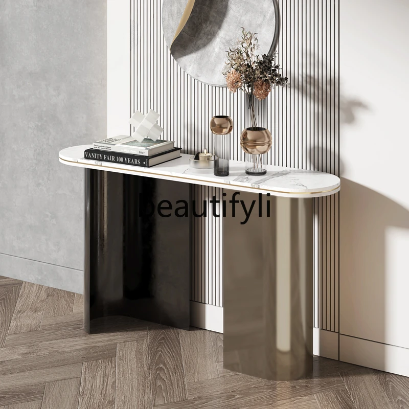 Light luxury rock slab stainless steel entrance cabinet case desk entrance corridor end view desk