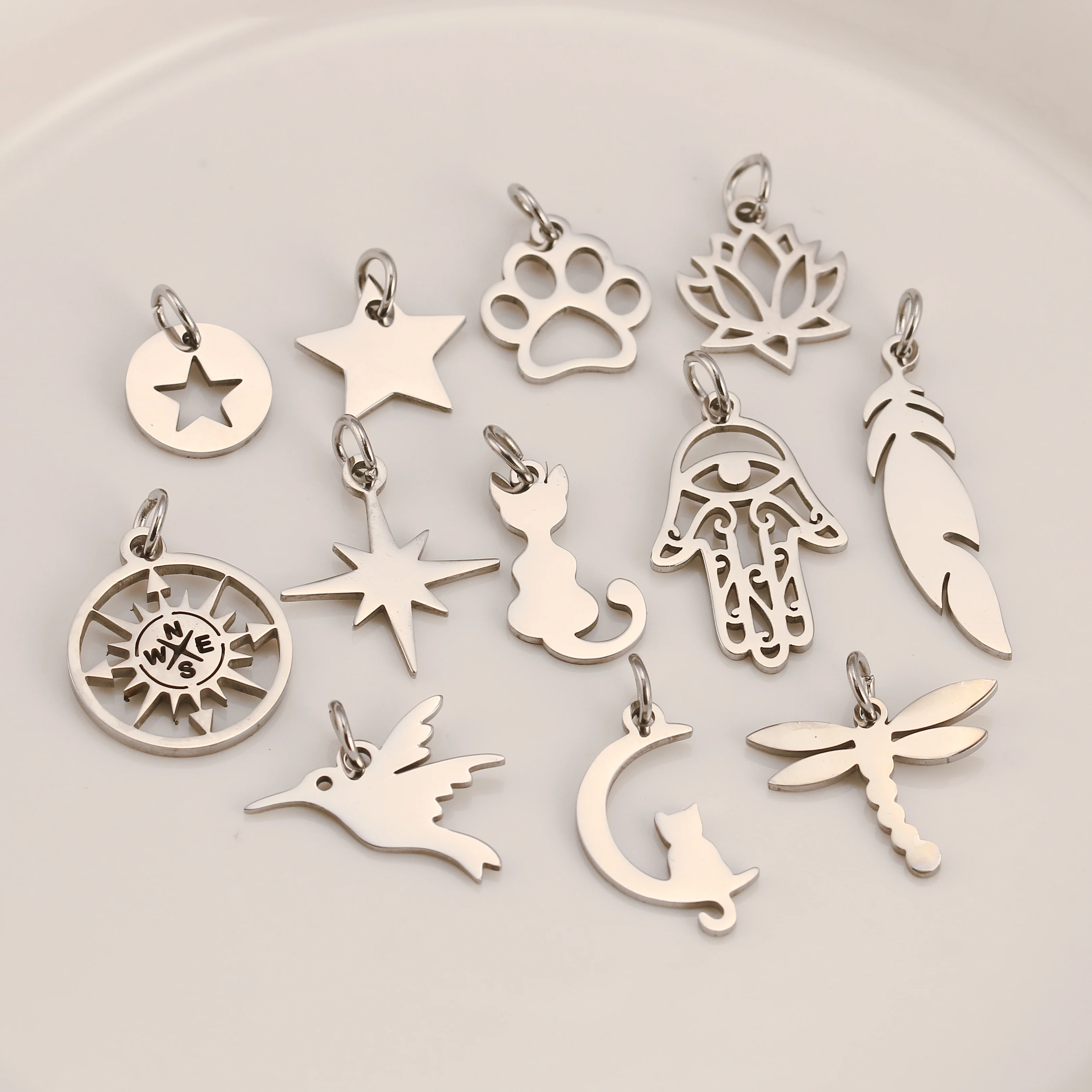 5Pcs/Lot Cat/Devil\'s Eye/Compass/Puppy Paw Footprint Charms With Jump Ring Stainless Steel Pendants for DIY Jewelry Craft Making