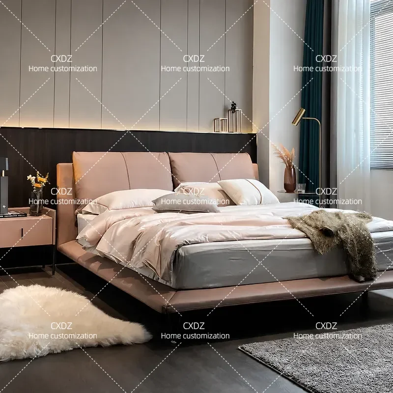 Italian Minimalist Leather Bed Modern Nordic Light Luxury 1.8m Double Bed Soft Upholstered Master Bedroom Furniture for