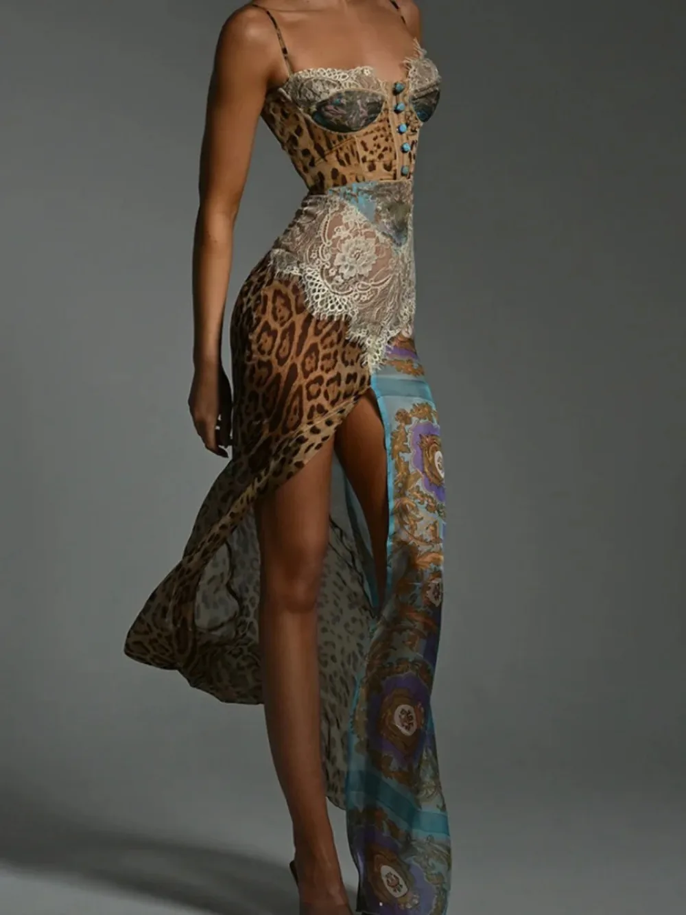 Vestido de encaje con estampado de leopardo para mujer, Vestidos irregulares con botones y tirantes, Vestidos sexis de fiesta en la playa para verano 2025, novedad