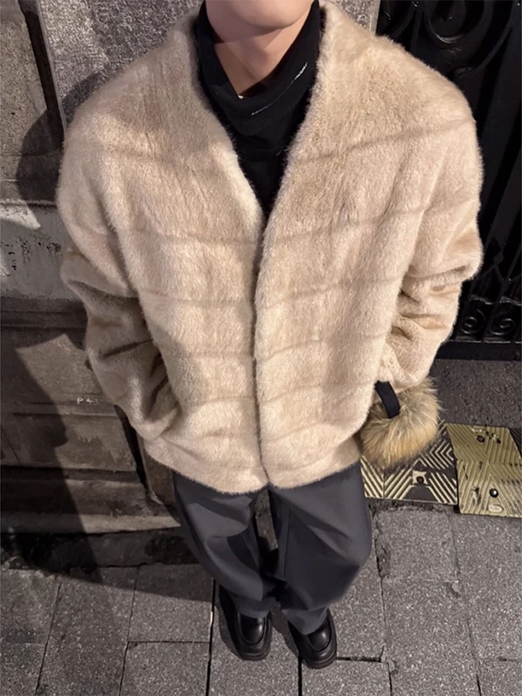 

Korean High-End ort V-Ne Mink Coat Men's Winter Fur Leather Jaet Youth Casual Warm Thiened Long Sve Pure Color