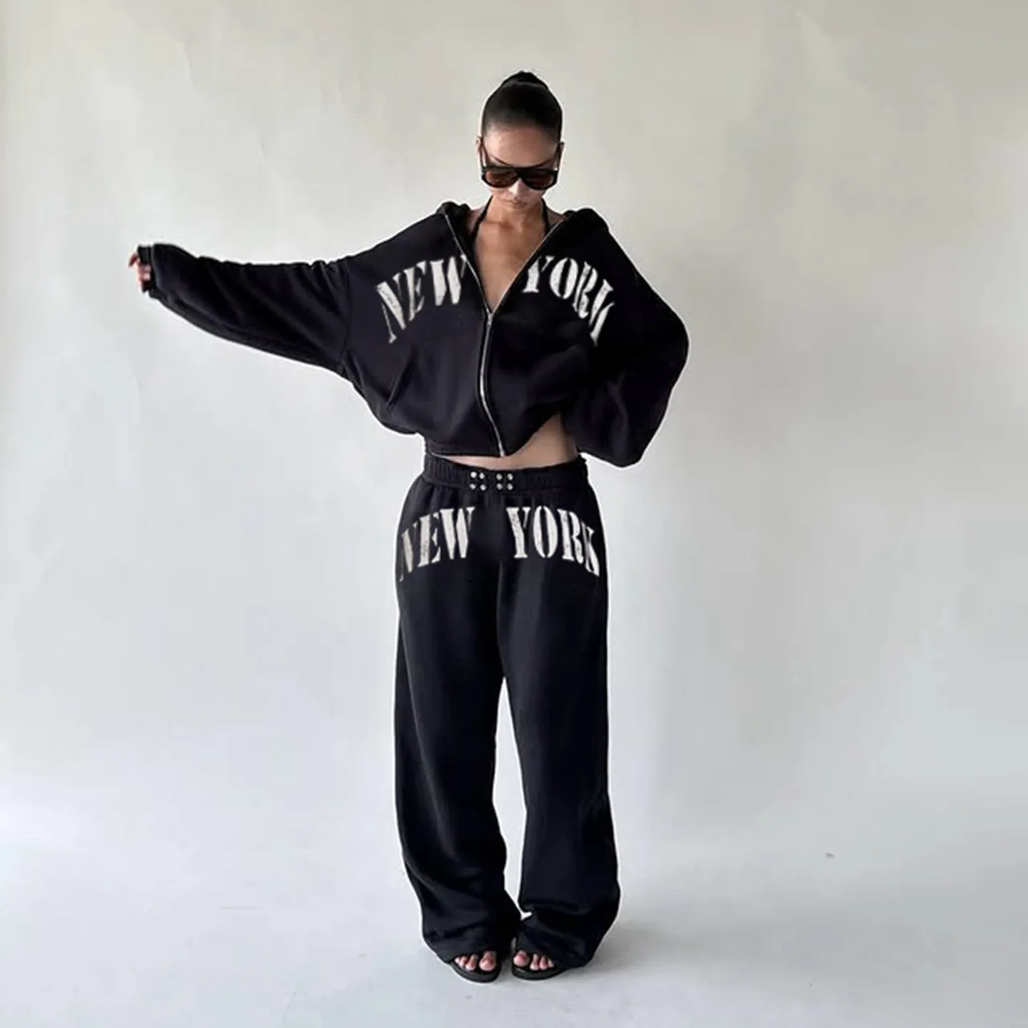 

Свободная повседневная уличная одежда с буквенным принтом, комплект из 2 предметов, женские куртки на молнии с длинными рукавами и капюшоном, топы + свободные прямые брюки, спортивные костюмы