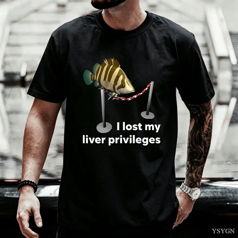 I Lost My Liver Privileges Cursed Fish T Shirt Funny Fish Meme T-Shirt Unhinged Summer Short Sleeve Cotton Tshirt Mens Clothing