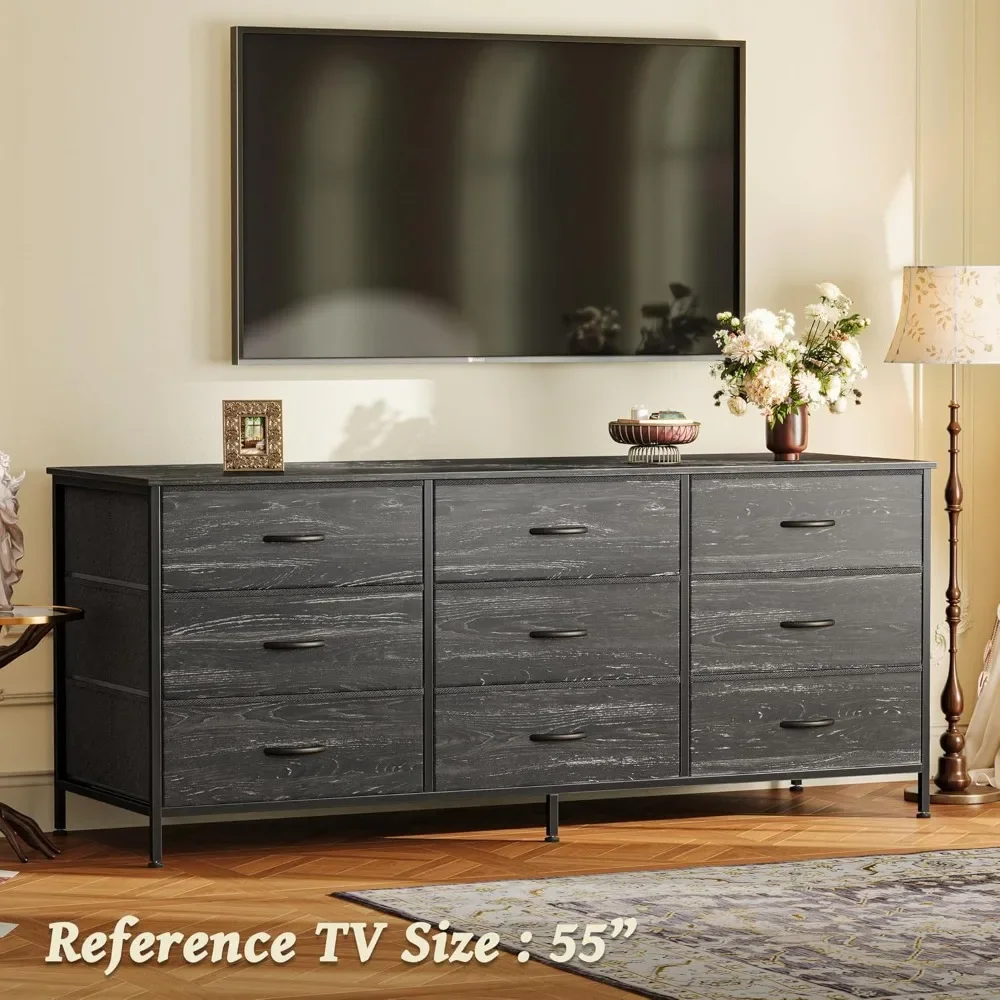 9 Drawer Dresser, 55 Inch Dresser TV Stand for 55, 60 Inch TV, Entertainment Center with Drawers, Large Storage Fabric Dresser