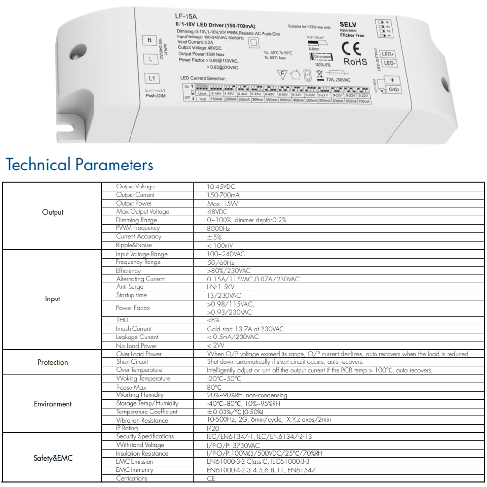 CENFAYA 15W Dimmable LED Driver Smooth Flicker Free Dimming  0-10V Constant Current Output 10V PWM With Push Switch Dimming 24V