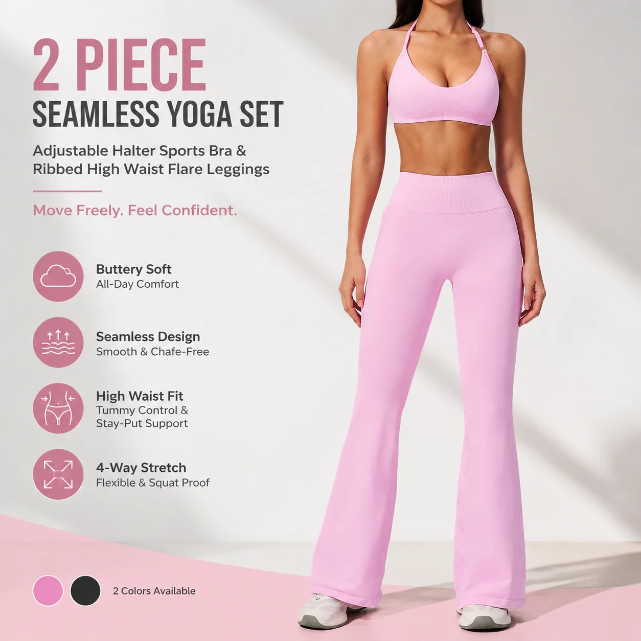 Women's 2-Piece Adjustable Halter Bra & High-Rise Flare Leggings Set Seamless Ribbed Matching Gym Outfit with Tummy Control Wais