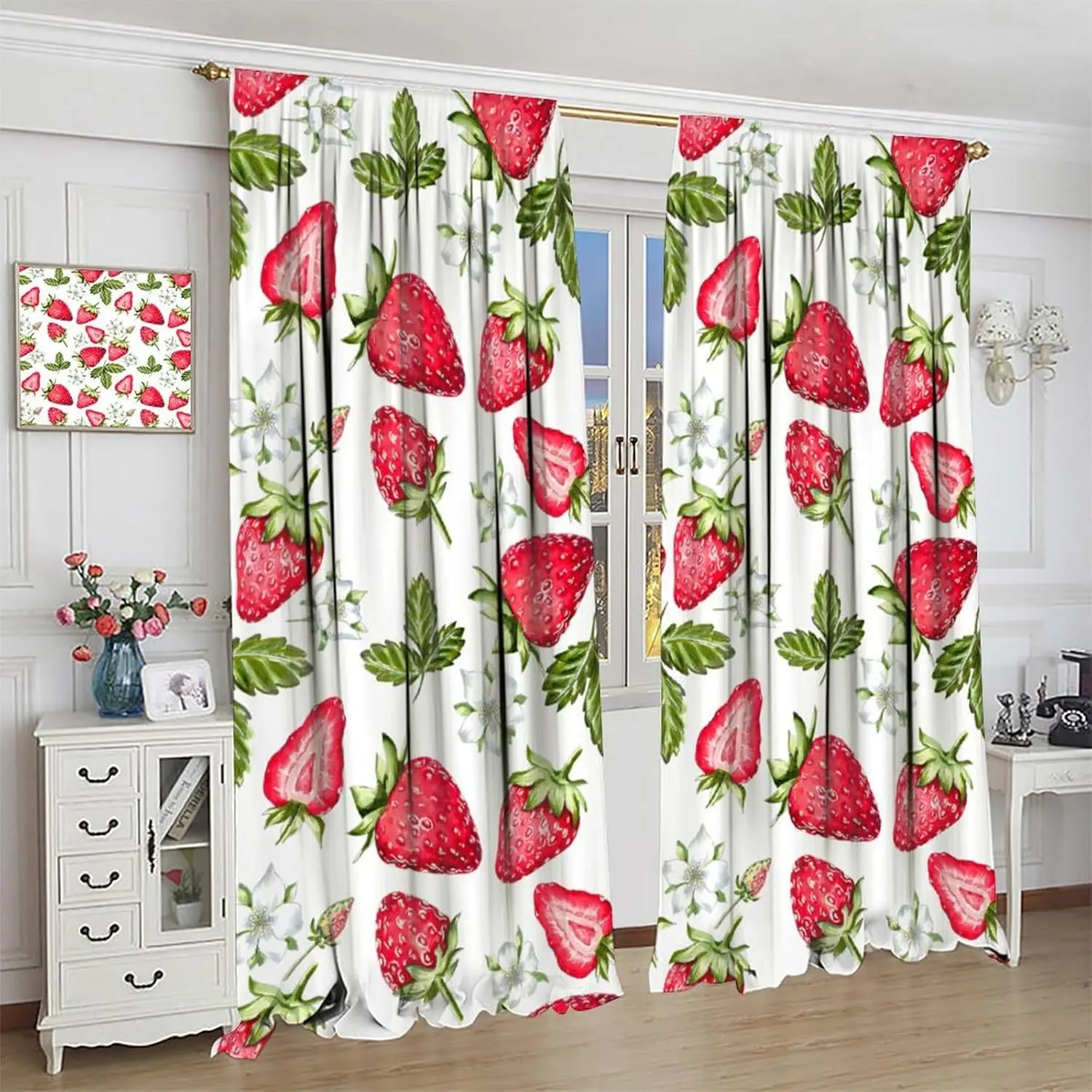 Strawberry Blackout Curtains Summer Red Fruit Flower Green Leaf Blue Butterfly Window Treatments for Kids Boys Girls Bedroom