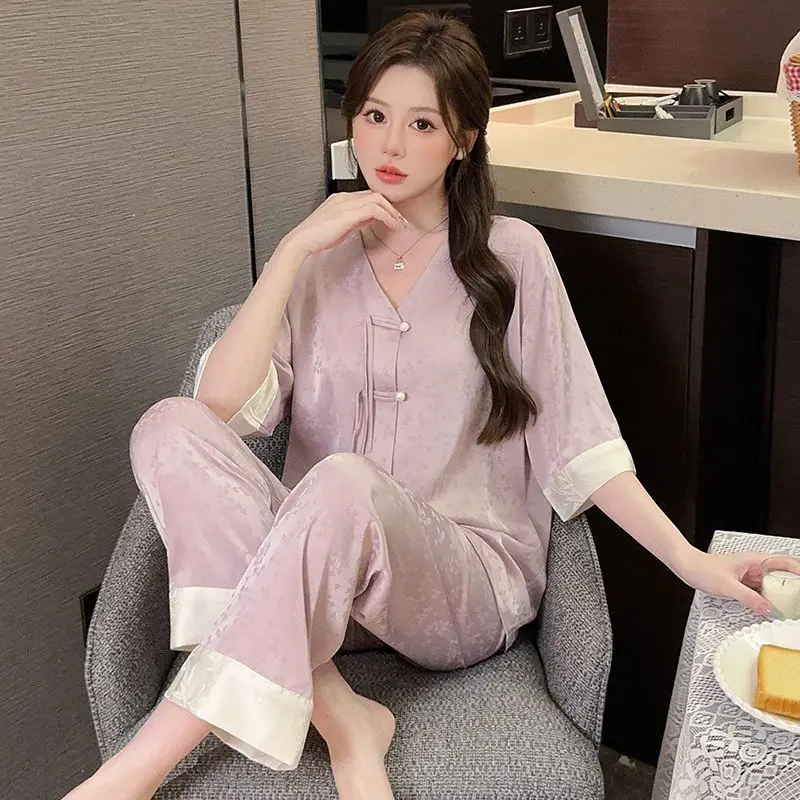 Ice Silk Pajamas Women's Chinese Style Disc Buckle Jacquard Loungewear Women Summer Thin three-quarter Sleeve Clothes for Women