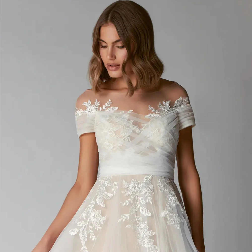 Modern Strapless Wedding Dresses for Women Short Sleeve Bridal Gowns with Lace 2024 Summer Soft Tulle Vestido De Novia Zipper