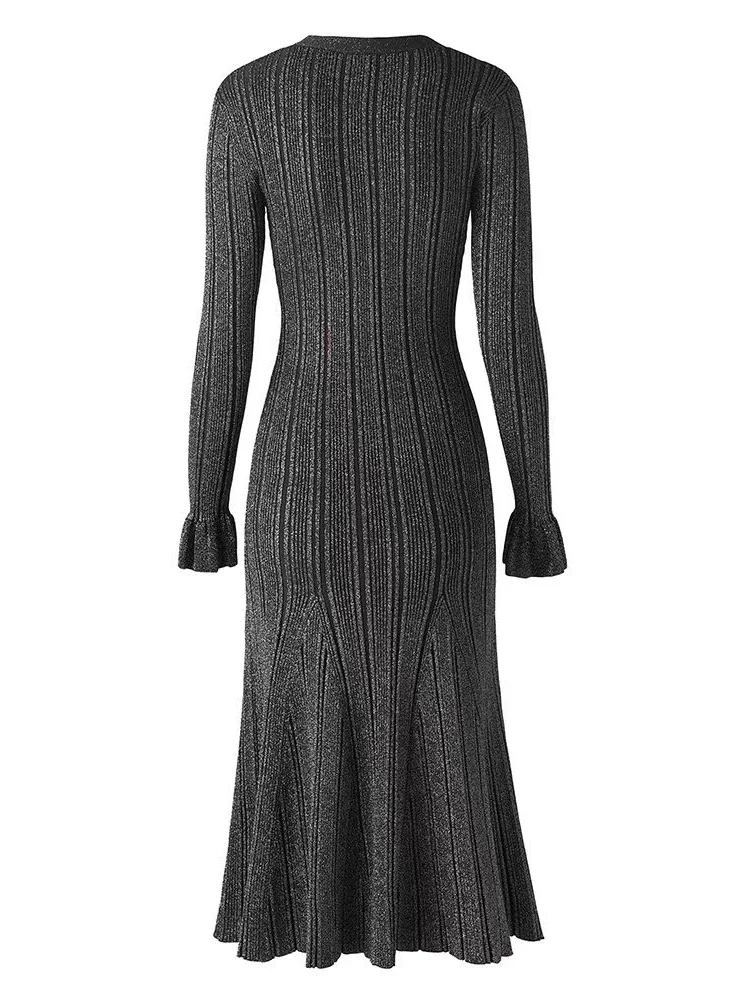 Women Casual Elegant Street Style Knitt Dress Autumn V-neck Flared Sleeve Single Breasted High Waist Slim A-line Dress for Women