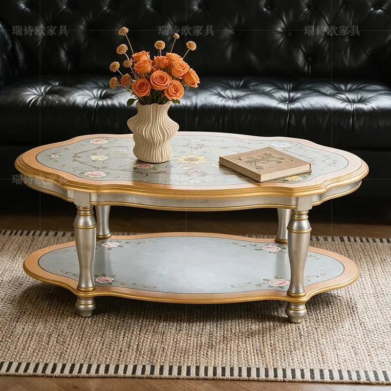 American Retro Large Round Coffee Table Double Champagne Oval Floral Pattern Painting Living Room Centerpiece