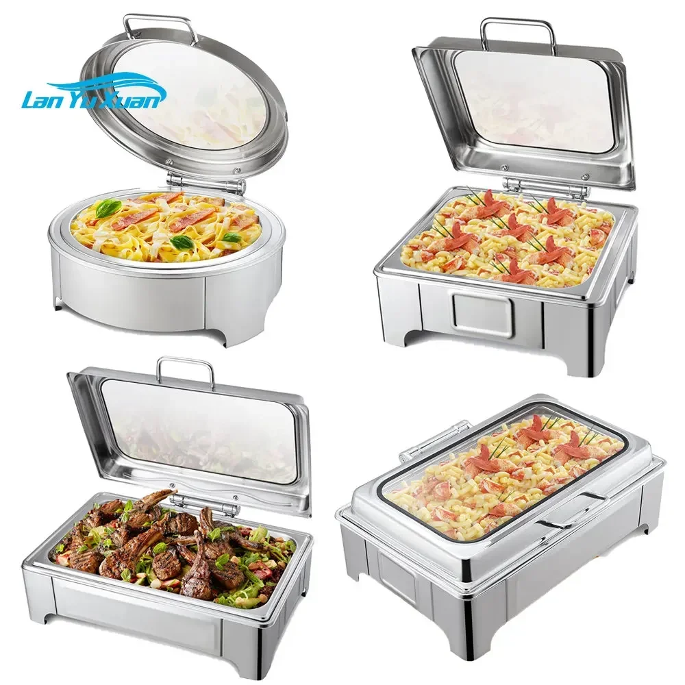 Stainless Steel Commercial for Catering Electric Buffet Food Warmer Set Display Heater, Glass Round Chafing Dish Pour Buffet Set