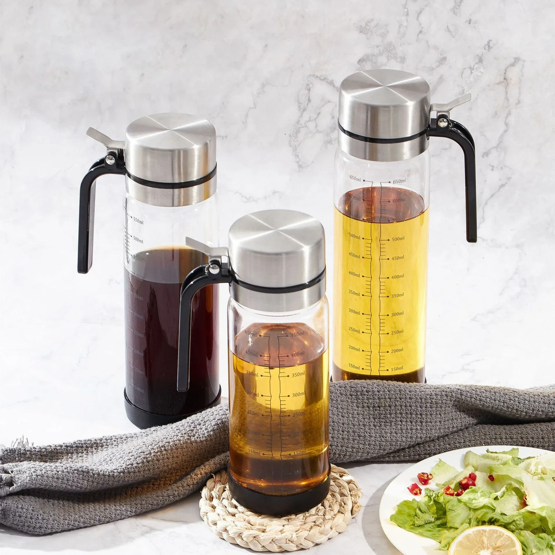 Household Glass Oil Pot Automatic Opening Closing Leak Proof Oil Pot Kitchen Oil Bottle Soy Sauce Vinegar Seasoning Bottle