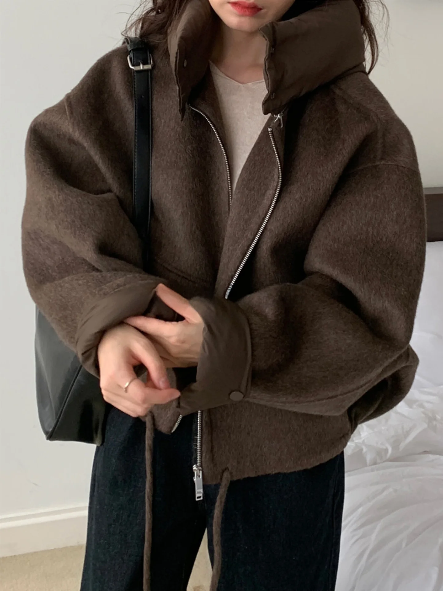 

ROUJE KEFSS Women's Detachable Hooded Woolen Coat Loose Casual Top Autumn Winter Design Sense Long Sleeve Zipper Closure