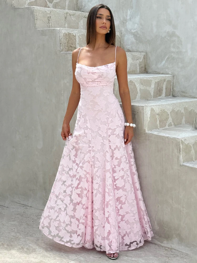 2026 Maxi-jurk met bloemenborduursel voor dames, zomerse feestjurk, sexy rugloze jurk met schouderbandjes, Franse stijl, avondjurk