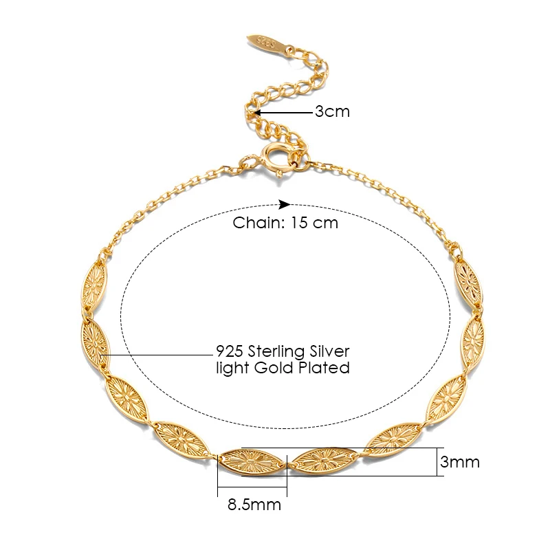LAMOON 925 Sterling Silver Bracelet For Women Vintage Thin Bracelets Galois Leaf Relief K Gold Plated Wedding Engagement Jewelry
