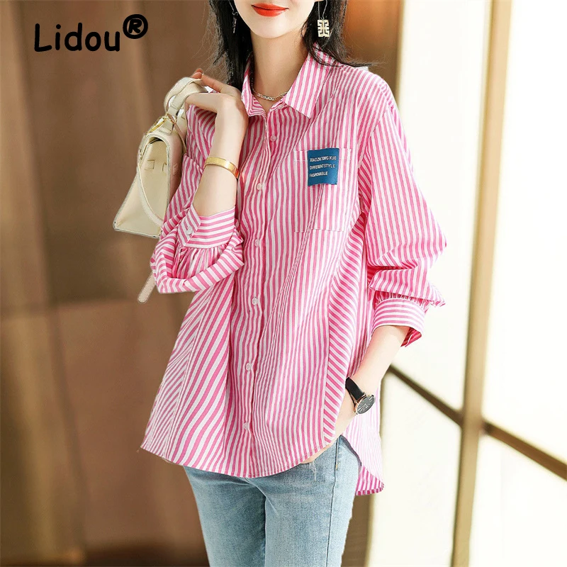 

Women Striped Print Appliques Irregular Streetwear Shirts Spring Autumn Trendy Long Sleeve Loose Blouse Cotton Tunic Tops Blusas