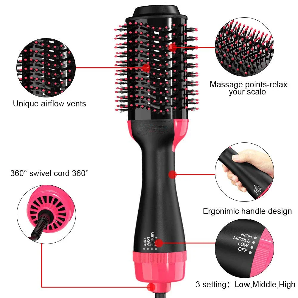 3-in-1 Hair Dryer Brush Volumizer Salon Hot Air Brush Fast Drying Straightening Curling