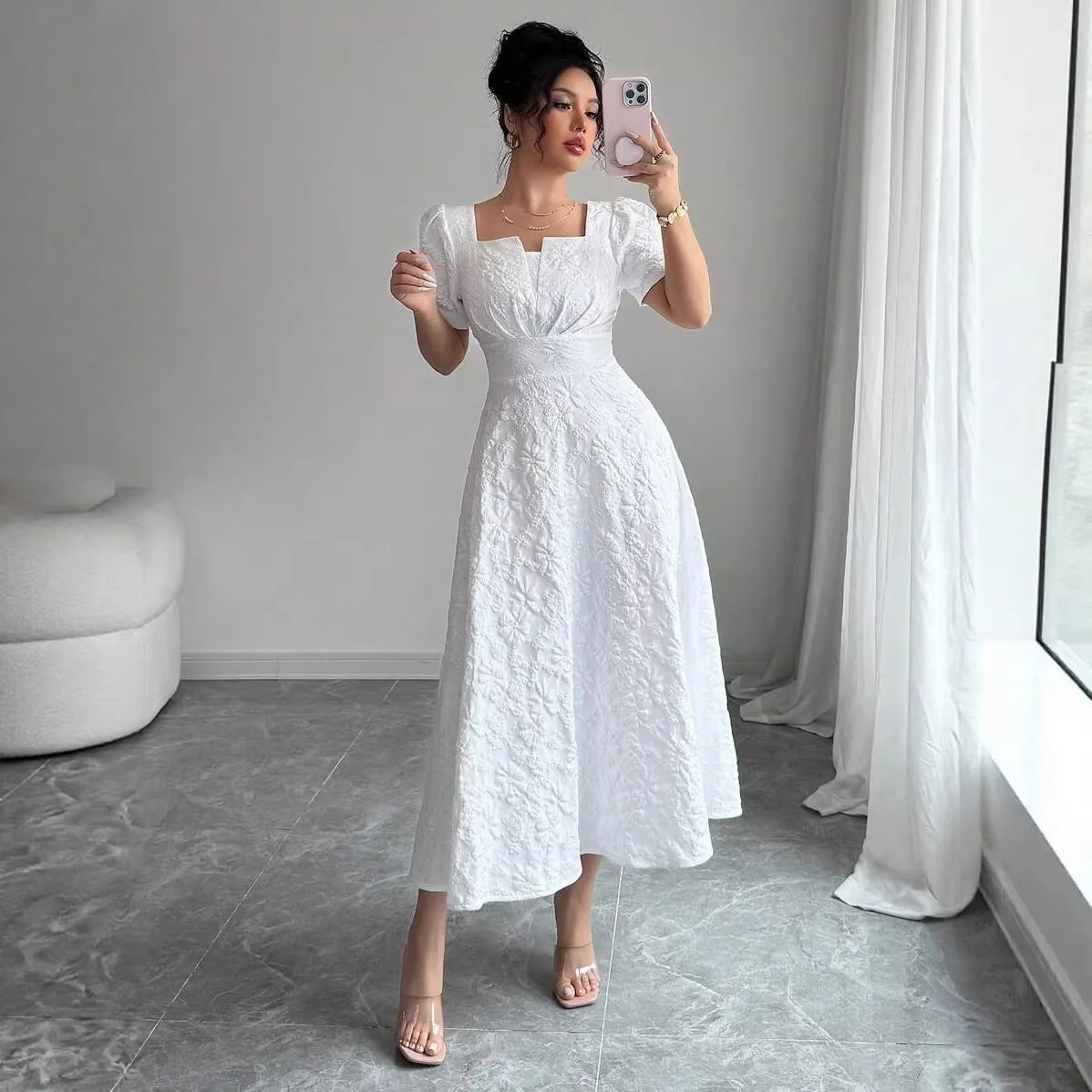 

2026 Summer European & American Style Slim Fit Women's Elegant Jacquard Solid Color Puff Sleeve Square Neck Dress