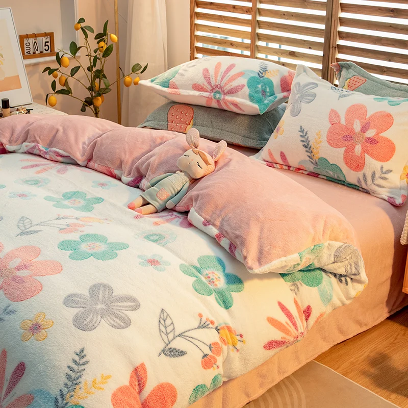 Winter New Coral Fleece Bed Four-Piece Set Winter Thickening Milk Fiber Quilt Cover Double-Sided Thermal Flannel Bed Sheet