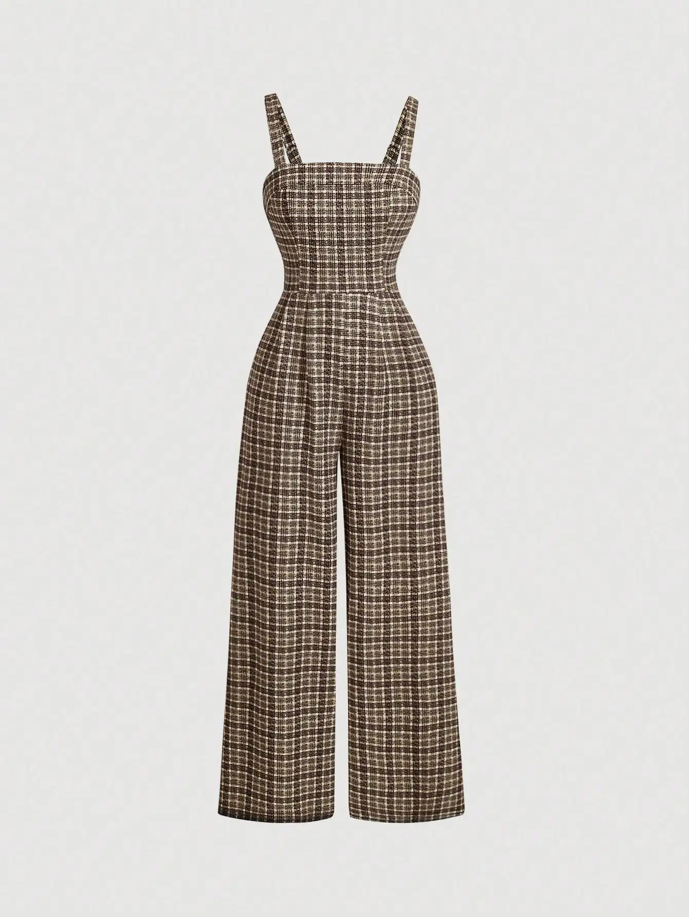

BWQ Sleeveless Plaid Jumpsuit With Suspenders And Cinched Waist, Retro Style,Plaid Jumpsuit,Wide Leg Pants,Khaki Pants