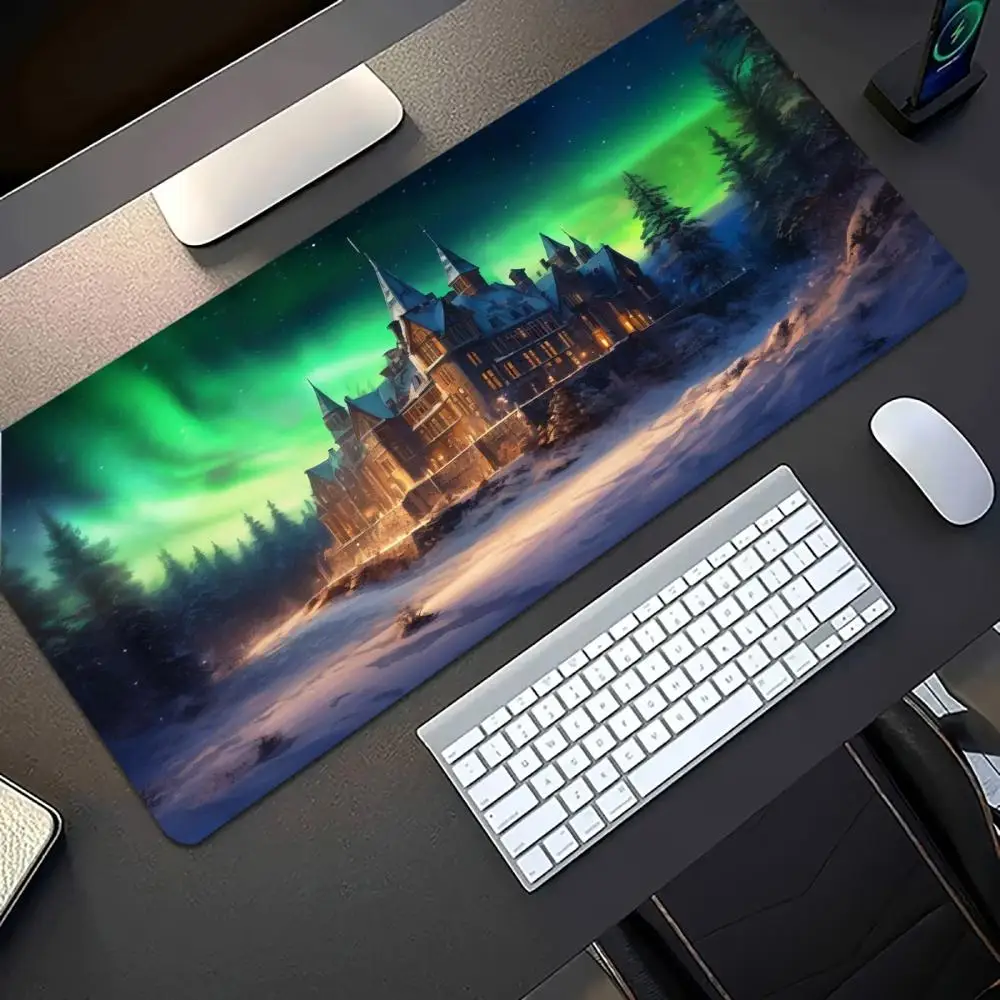 Aurora Castle Scenery Large Extended Mouse Pad Non-Slip Rubber Stitched Edges Print Desk Mat for Gaming Setup Office Desk