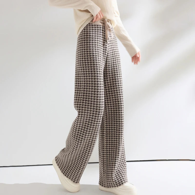 Women Wool Wide Leg Pants Elastic Waist Houndstooth Pattern Trousers Autumn Winter 100% Merino Wool Trousers Knit Soft Warm Pant