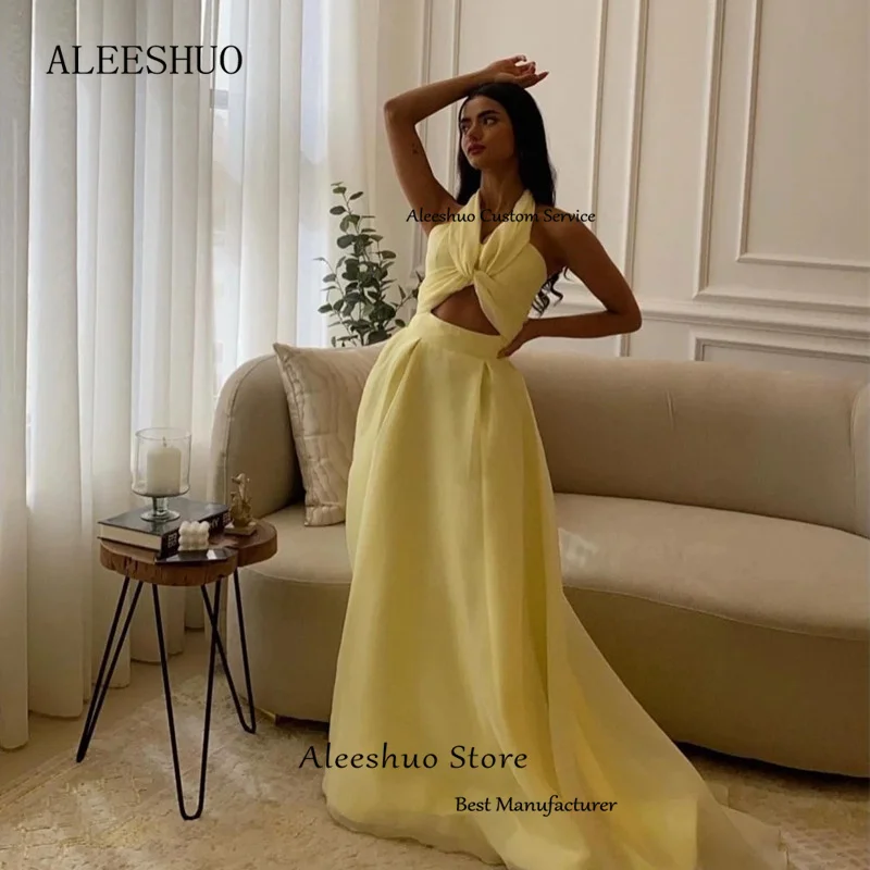 Aleeshuo Modern A-Line Tulle Sleeveless Prom Dress Sexy Halter Cut-out Floor Length Open Back Party Gowns Vestidos Customized