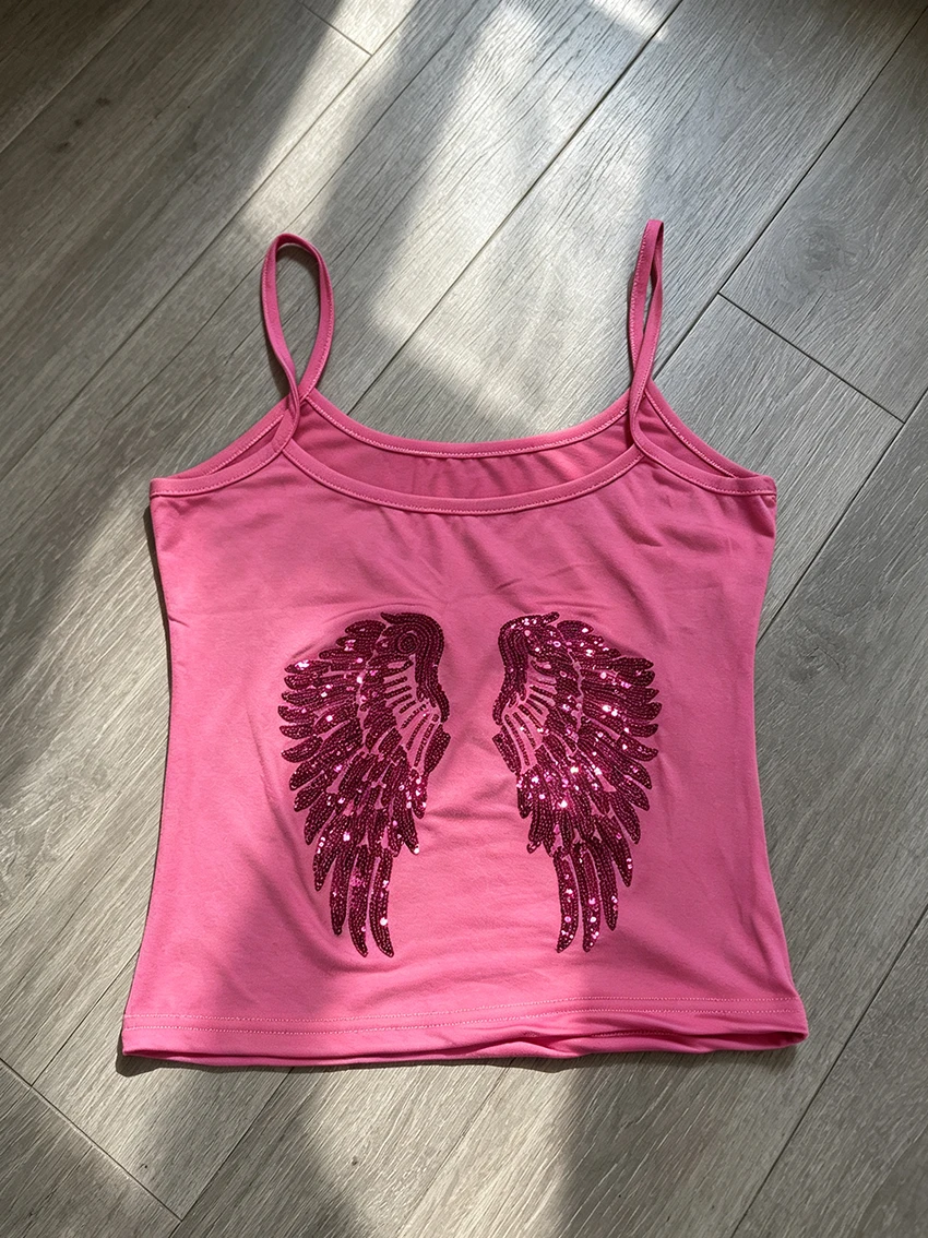 Y2K Mode Damen Einfarbige Camisole Tops mit Rückenflügel-Pailletten-Design, Schlanke Kurze Ärmellose Tanktops mit Spaghettiträgern für den Sommer und Clubwear – Detail 15