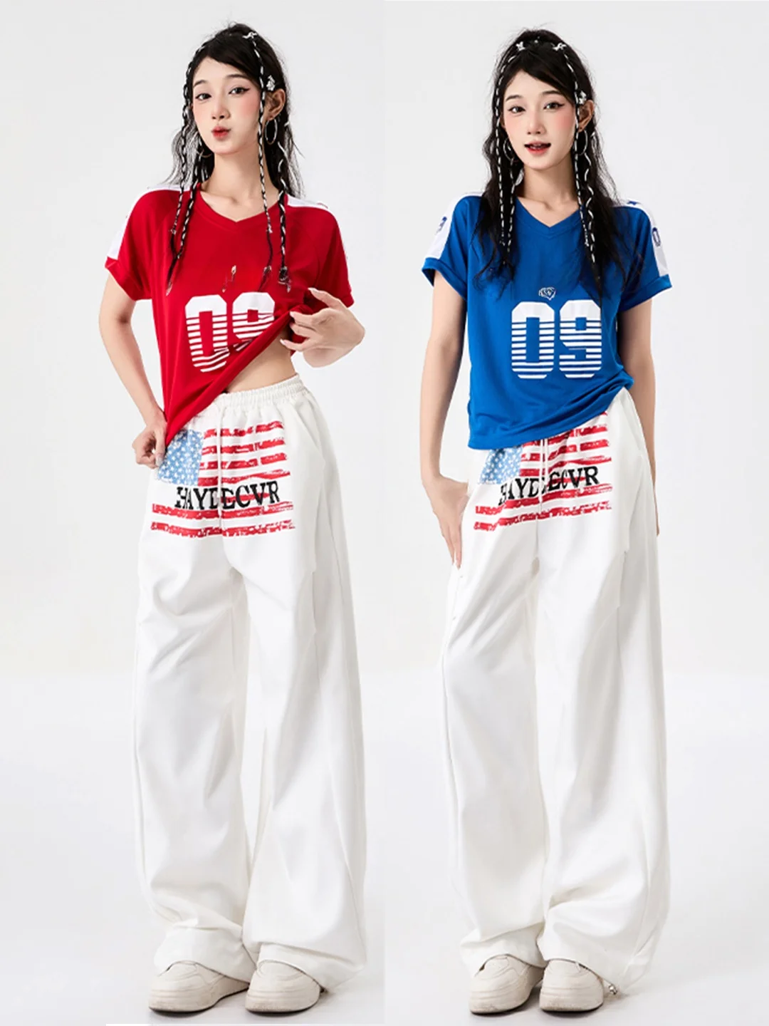 Modern Dance Sporty Jazz Ghost Step Dance Women's Group Performance Outfit Kpop Style Short Sleeve V-Neck High Waist T-Shirt