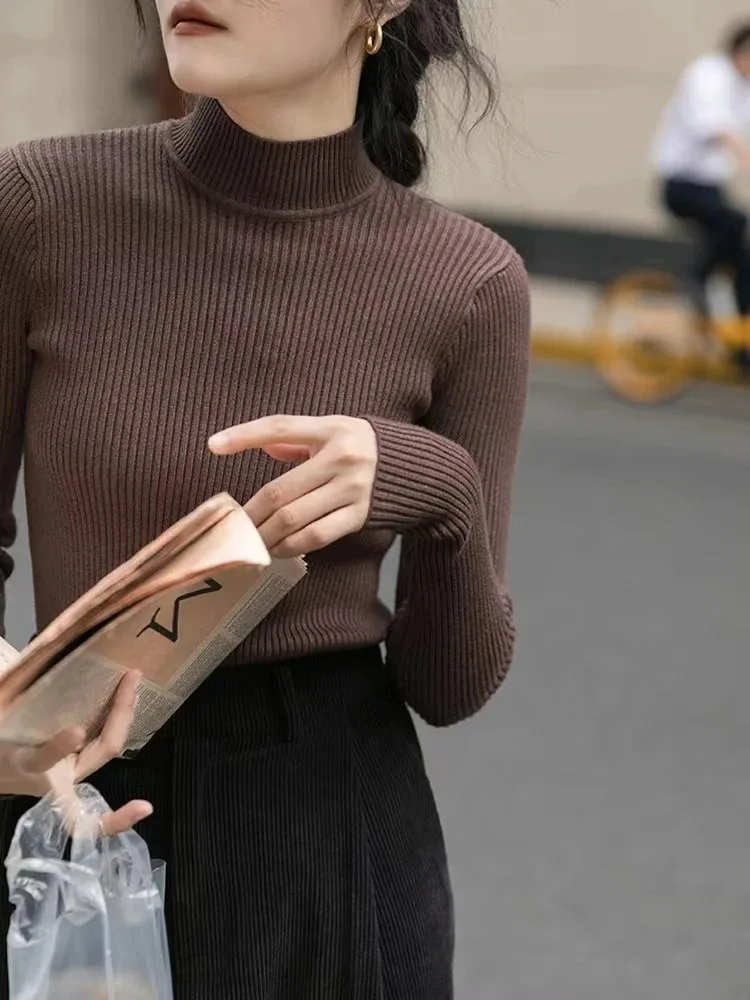 Autumn Winter 2025 Women Sweater Long Sleeve Knitted Turtleneck Ribbed Pull Sweater Soft Warm Femme Jumper Pullover