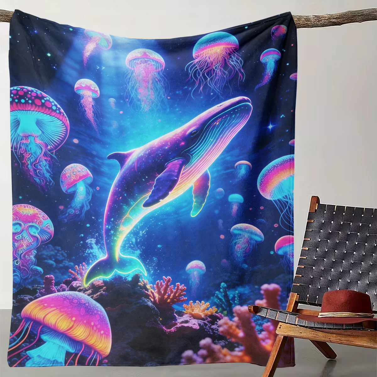

1pcs Deep Sea Neon Blue Whale Jellyfish Blanket Colorful Luminous Sea Life Ins Wind Blanket